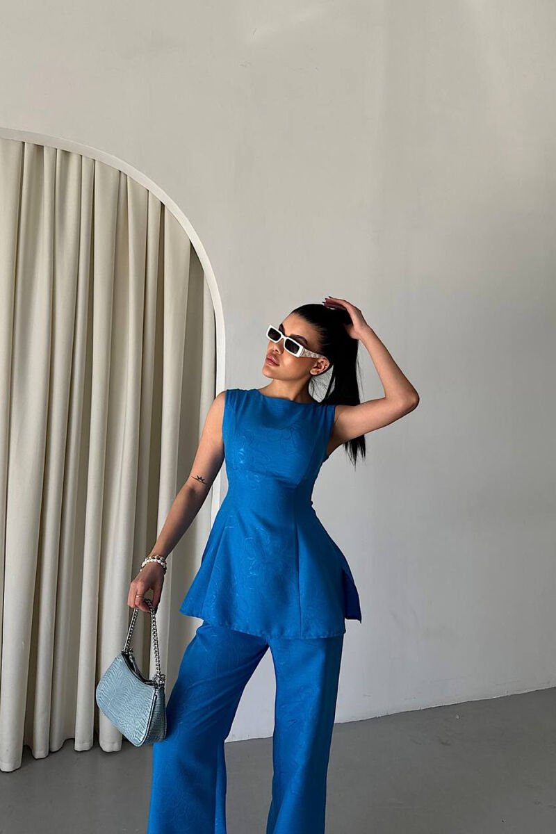 ONE COLOR SHINY DETAILS TROUSERS + TANK TOP WOMAN SET BLUE/BLU - 4