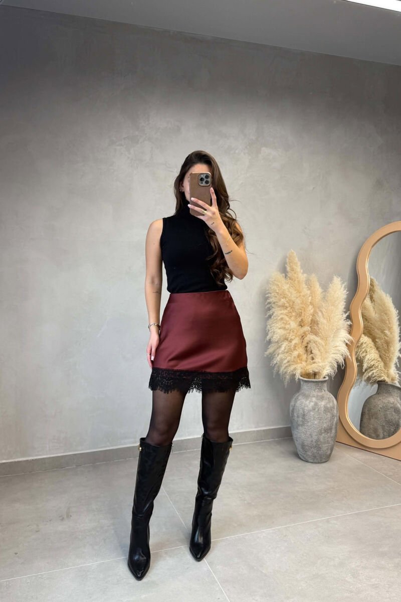 ONE COLOR SHINY LACE DETAIL SHORT WOMAN SKIRT BURGUNDY/VISHNJE - 1