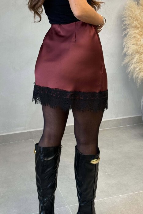ONE COLOR SHINY LACE DETAIL SHORT WOMAN SKIRT BURGUNDY/VISHNJE - 2