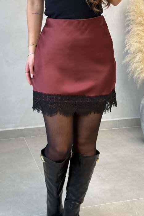 ONE COLOR SHINY LACE DETAIL SHORT WOMAN SKIRT BURGUNDY/VISHNJE - 3