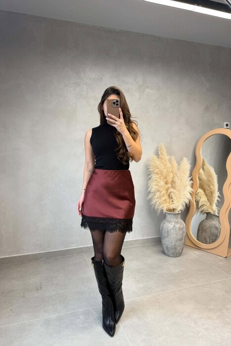 ONE COLOR SHINY LACE DETAIL SHORT WOMAN SKIRT BURGUNDY/VISHNJE - 5