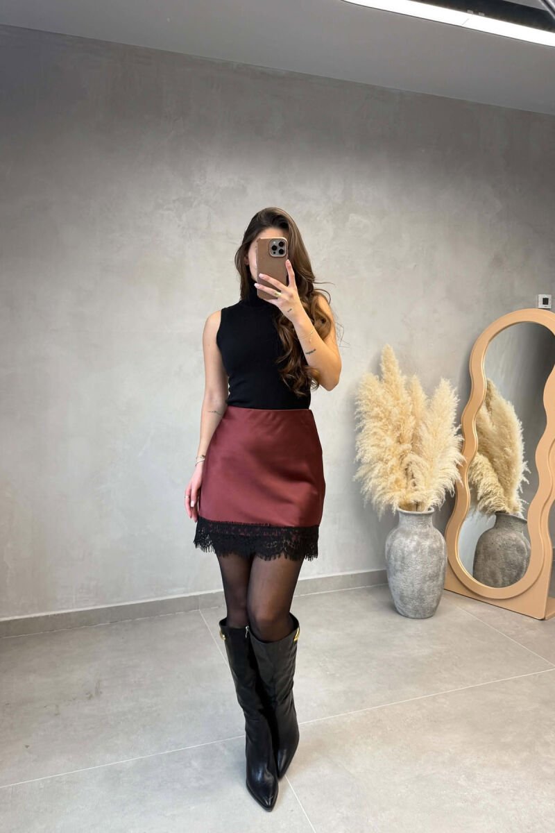 ONE COLOR SHINY LACE DETAIL SHORT WOMAN SKIRT BURGUNDY/VISHNJE - 5