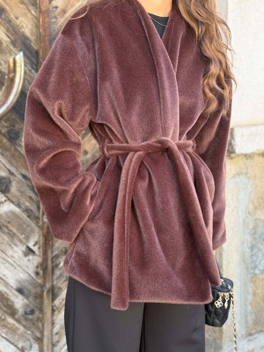ONE COLOR SHINY LACING WAIST WOMAN COAT BROWN/KAFE - 2