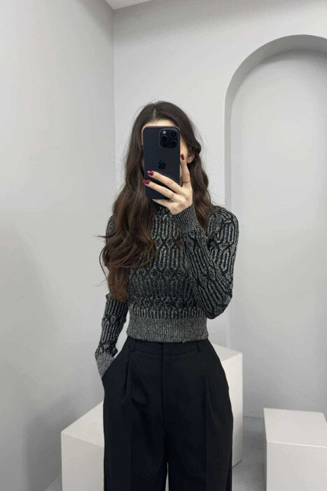 ONE COLOR SHINY SEMI NECK WOMEN SWEATER SILVER/ARGJEND - 1
