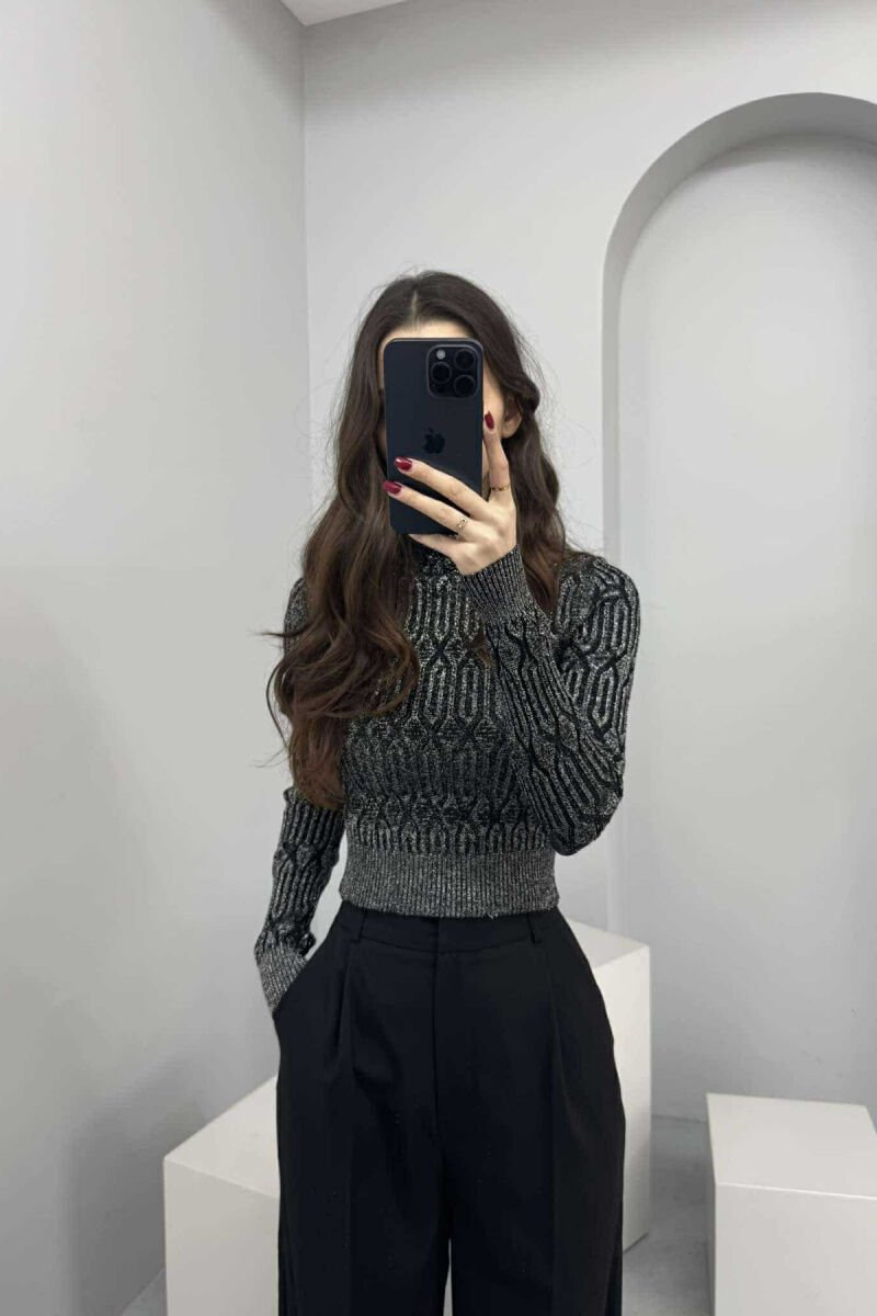 ONE COLOR SHINY SEMI NECK WOMEN SWEATER SILVER/ARGJEND - 1