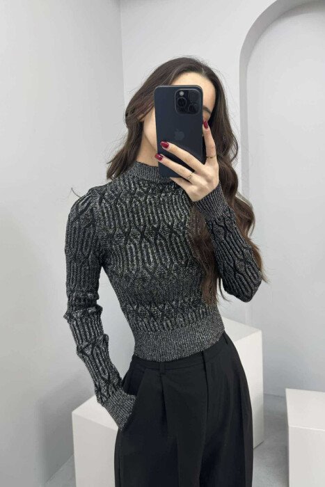 ONE COLOR SHINY SEMI NECK WOMEN SWEATER SILVER/ARGJEND - 2