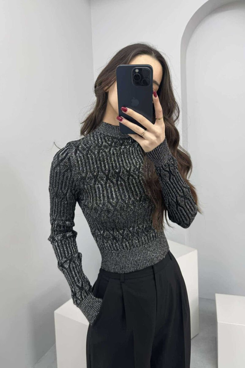 ONE COLOR SHINY SEMI NECK WOMEN SWEATER SILVER/ARGJEND - 2