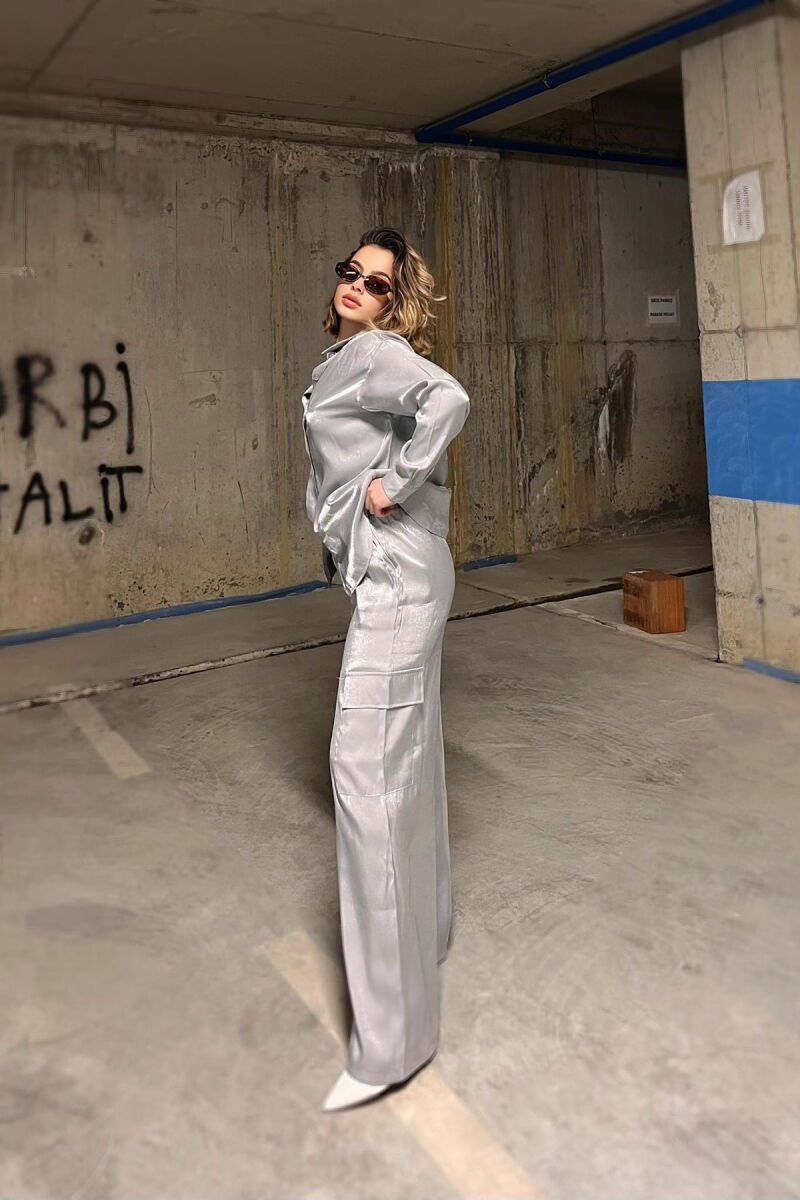 ONE COLOR SHINY SHIRT+TROUSERS WOMEN SET GREY/GRI - 2