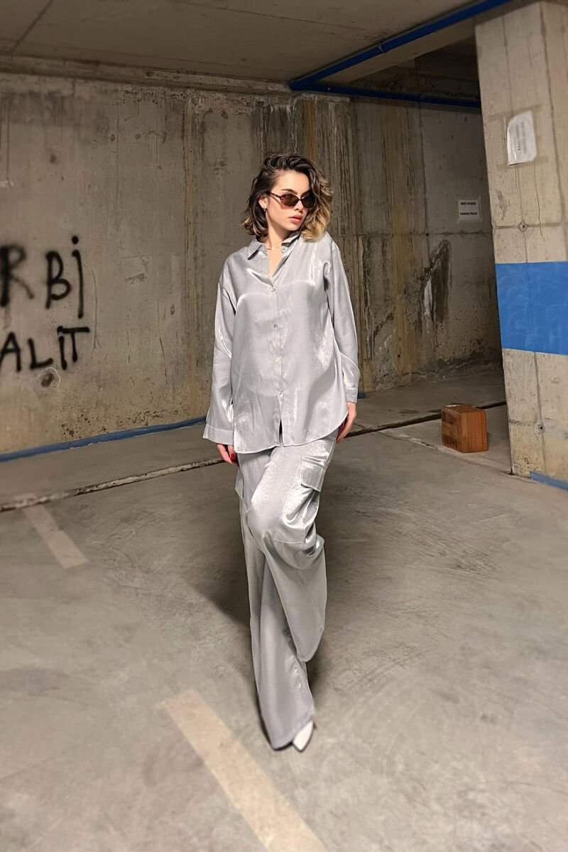 ONE COLOR SHINY SHIRT+TROUSERS WOMEN SET GREY/GRI - 3