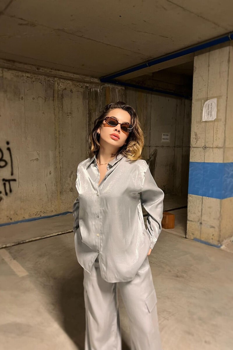 ONE COLOR SHINY SHIRT+TROUSERS WOMEN SET GREY/GRI - 5
