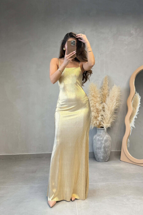 ONE COLOR SHINY THIN STRAPS WOMAN DRESS GOLDEN ROD/GOLD - 4