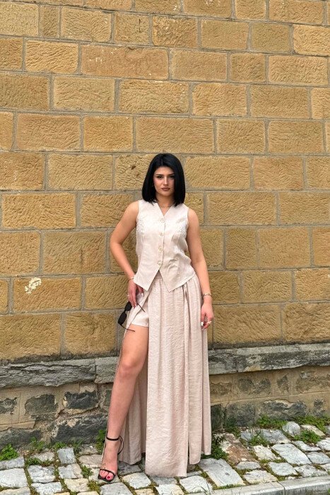 ONE COLOR SHINY VEST + SKORTS WOMAN SET BEIGE/BEZHE - 1