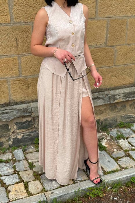 ONE COLOR SHINY VEST + SKORTS WOMAN SET BEIGE/BEZHE - 3