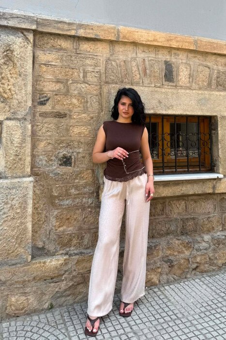 ONE COLOR SHINY WOMAN TROUSERS BEIGE/BEZHE - 1