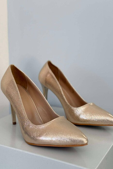 ONE COLOR SHINY WOMEN HEELS GOLDEN ROD/GOLD - KLAUDIO FASHION