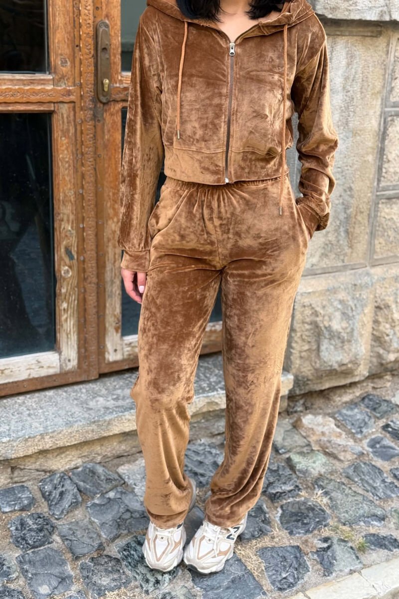 ONE COLOR ZIPPER HOODED JACKET+ SWEATPANTS WOMAN SET BROWN/KAFE - 2