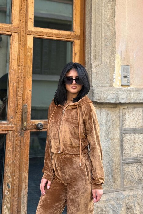 ONE COLOR ZIPPER HOODED JACKET+ SWEATPANTS WOMAN SET BROWN/KAFE - 3