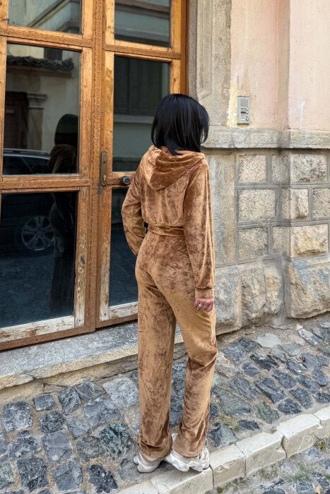ONE COLOR ZIPPER HOODED JACKET+ SWEATPANTS WOMAN SET BROWN/KAFE - 4