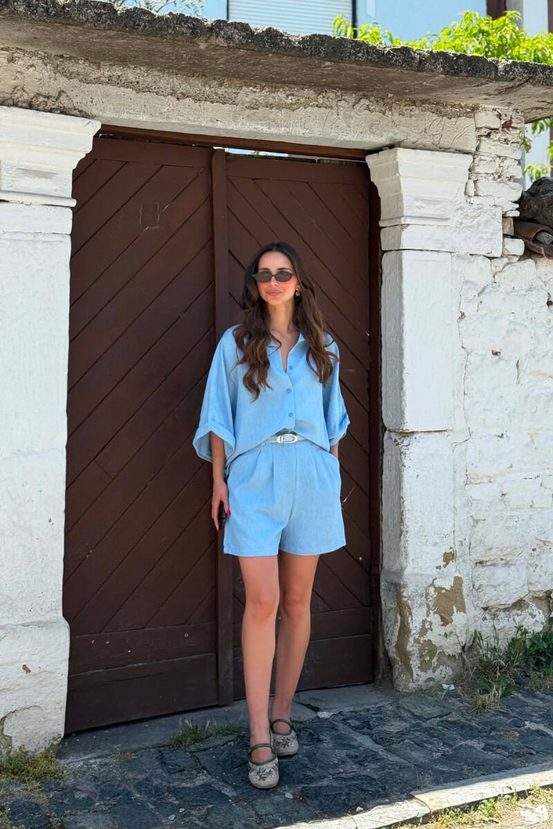 ONE COLOR SHIRT + BELT DETAIL SHORTS WOMAN SET LIGHTBLUE/BZ - 1