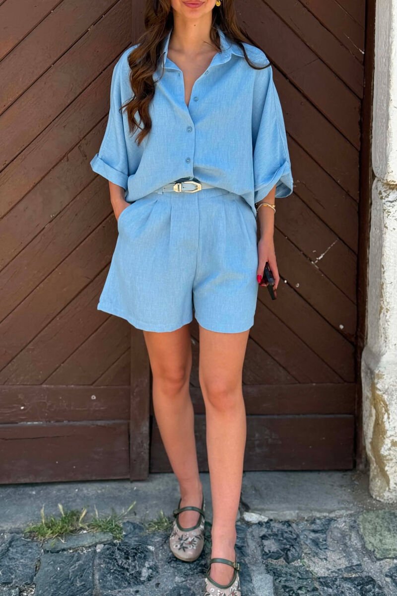 ONE COLOR SHIRT + BELT DETAIL SHORTS WOMAN SET LIGHTBLUE/BZ - 5