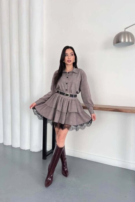 ONE COLOR SHIRT+ BELT DETAIL SKORTS WOMAN SET GREY/GRI - KLAUDIO FASHION