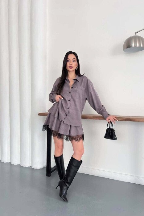 ONE COLOR SHIRT+ BELT DETAIL SKORTS WOMAN SET LIGHT BROWN/KAZB - KLAUDIO FASHION