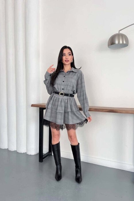 ONE COLOR SHIRT+ BELT DETAIL SKORTS WOMAN SET LIGHT GREY/GZ - KLAUDIO FASHION