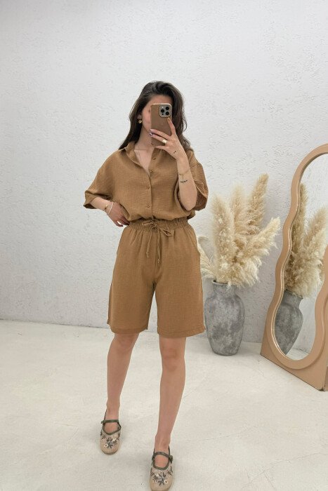ONE COLOR SHIRT+ SHORTS WOMEN SET LIGHT BROWN/KAZB - 1