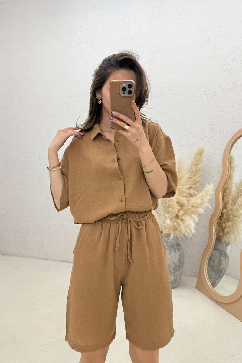 ONE COLOR SHIRT+ SHORTS WOMEN SET LIGHT BROWN/KAZB - 2
