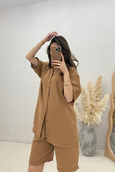 ONE COLOR SHIRT+ SHORTS WOMEN SET LIGHT BROWN/KAZB - 4