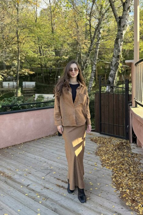 ONE COLOR SHIRT+ SKIRT WOMEN SET BROWN/KAFE - 1