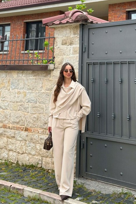 SET NJE NGJYRESH KEMISHE + PANTALLONA PER FEMRA NE NGJYRE BEZHE - KLAUDIO FASHION