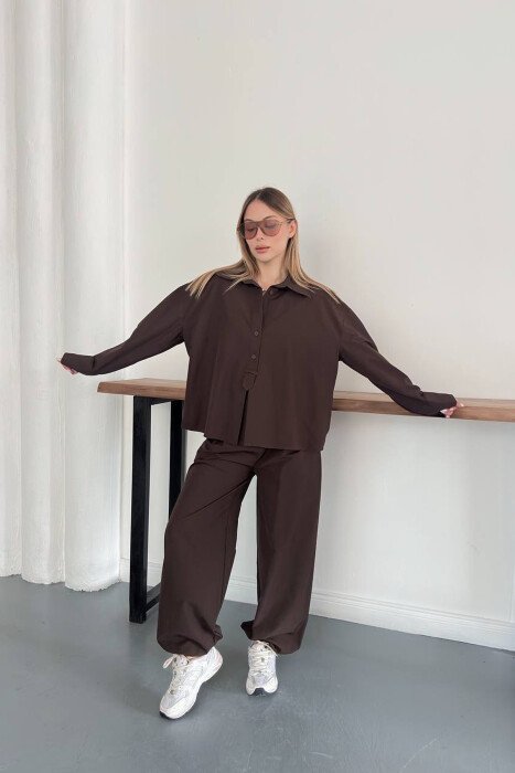 ONE COLOR SHIRT + TROUSERS WOMAN SET BROWN/KAFE - KLAUDIO FASHION