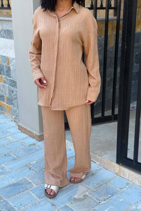 ONE COLOR SHIRT +TROUSERS WOMAN TWO PIECE SET BEIGE/BEZHE - 3