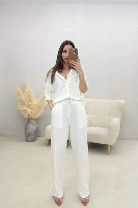 ONE COLOR SHIRT + TROUSERS WOMAN TWO PIECE SET WHITE-E BARDHE - KLAUDIO FASHION