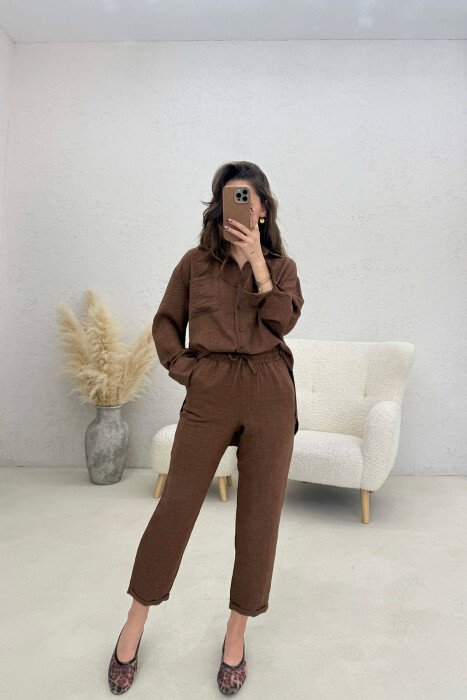 ONE COLOR SHIRT+ TROUSERS WOMEN SET BROWN/KAFE - 1
