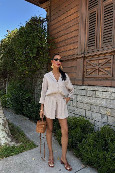 ONE COLOR SHIRT+SHORTS WOMEN SET BEIGE/BEZHE - KLAUDIO FASHION