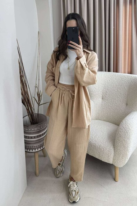 ONE COLOR SHIRT+TROUSERS WOMEN SET BEIGE/BEZHE - 1