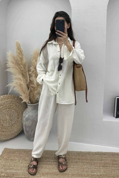 ONE COLOR SHIRT+TROUSERS WOMEN SET CREAM/KREM - KLAUDIO FASHION