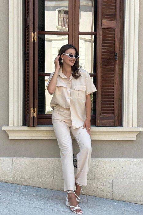 KOSTUM NJË NGJYRËSH PËR FEMRA ME KËMISHË DHE PANTALLONA NË NGJYRË KREM - KLAUDIO FASHION