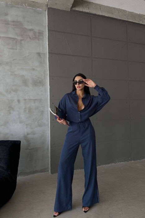 ONE COLOR SHIRT+TROUSERS WOMEN SET DARK BLUE/BEE - KLAUDIO FASHION