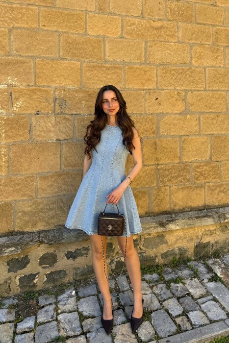 ONE COLOR SHORT DENIM WOMAN DRESS BABY BLUE/BLU BY - 3