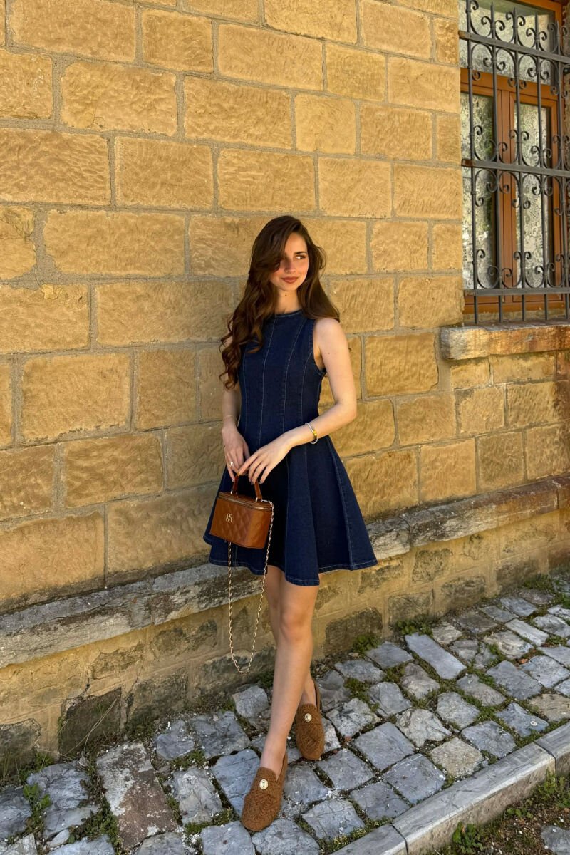 ONE COLOR SHORT DENIM WOMAN DRESS DARK BLUE/BEE - 1