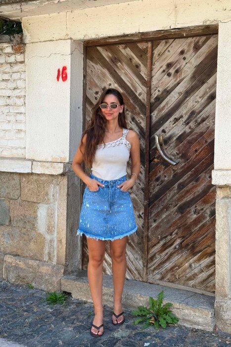 ONE COLOR SHORT DENIM WOMAN SKIRT LIGHTBLUE/BZ - KLAUDIO FASHION
