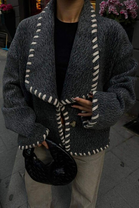 ONE COLOR SHORT SIMPLE WOMEN COAT DARK GREY/GEE - KLAUDIO FASHION