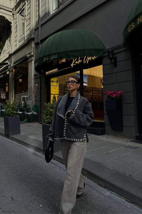 ONE COLOR SHORT SIMPLE WOMEN COAT DARK GREY/GEE - 2