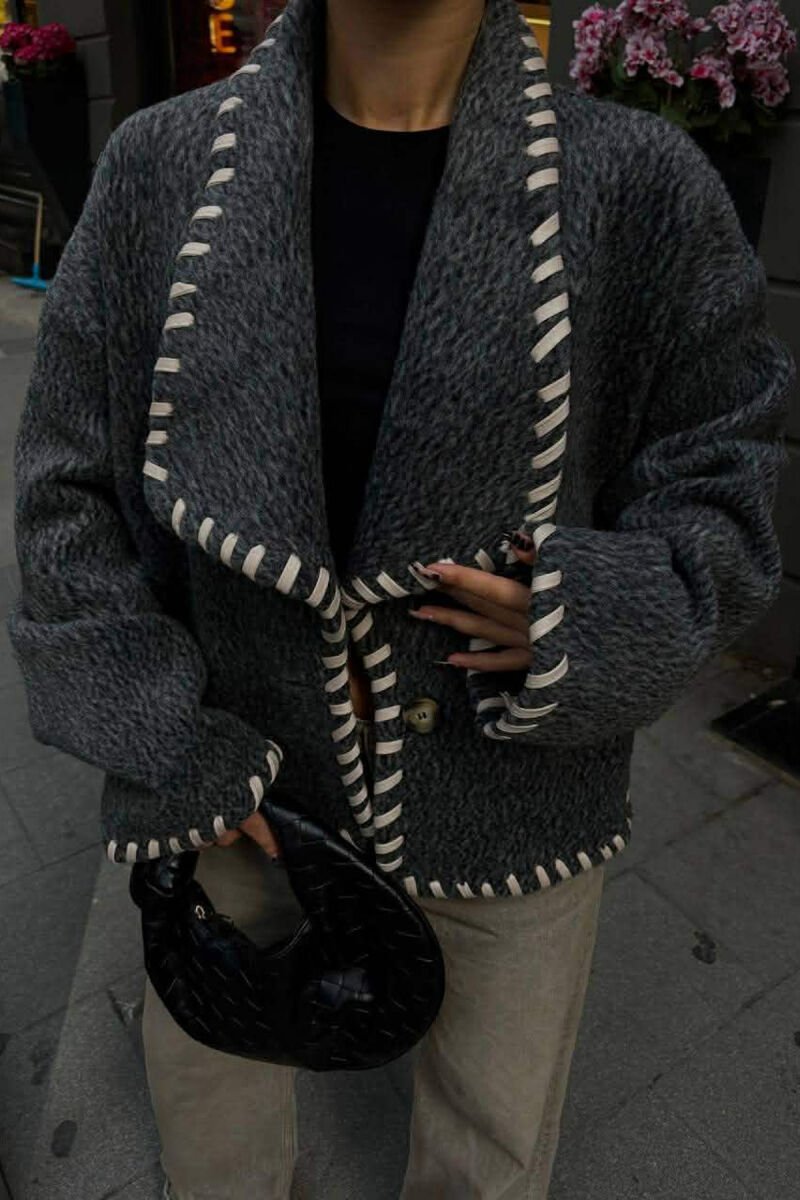 ONE COLOR SHORT SIMPLE WOMEN COAT DARK GREY/GEE - 1