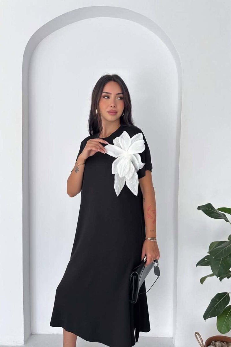 ONE COLOR SHORT SLEEVE FLOWER DETAIL WOMAN DRESS BLACK/ E ZEZE - 2