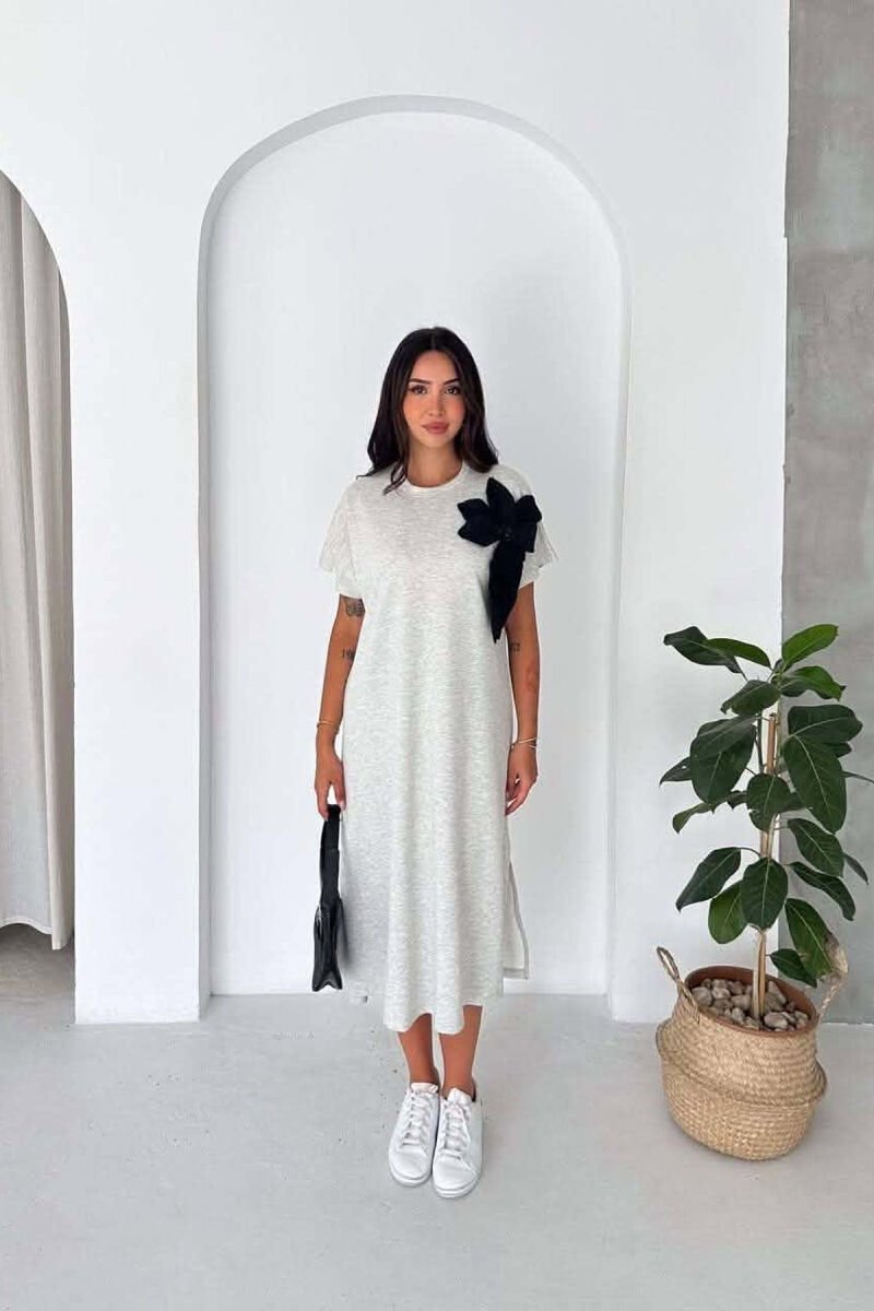 ONE COLOR SHORT SLEEVE FLOWER DETAIL WOMAN DRESS GREY/GRI - 2