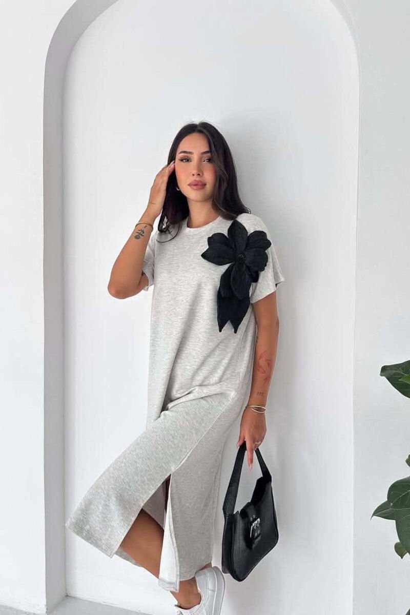 ONE COLOR SHORT SLEEVE FLOWER DETAIL WOMAN DRESS GREY/GRI - 4
